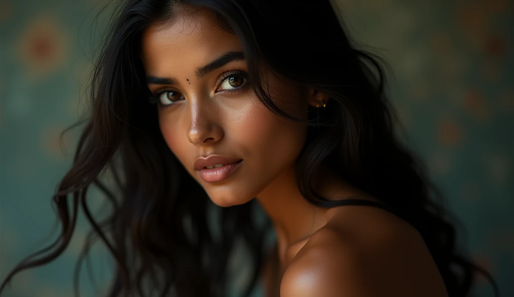 a beautiful mysterious Indian woman, Western fashion, intricate detailed face, piercing eyes, long eyelashes, delicate skin, natural beauty, flowing hair, candid elegant pose, dramatic lighting, cinematic mood, muted color palette, chiaroscuro lighting, high quality, photorealistic, 8k, intricate details, professional rendering