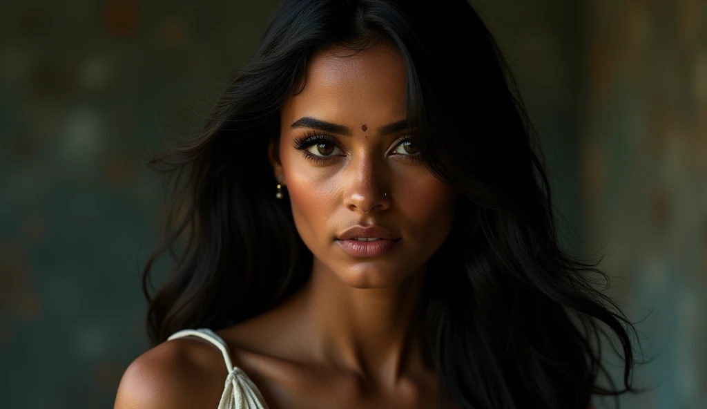 a beautiful mysterious Indian woman, Western fashion, intricate detailed face, piercing eyes, long eyelashes, delicate skin, natural beauty, flowing hair, candid elegant pose, dramatic lighting, cinematic mood, muted color palette, chiaroscuro lighting, high quality, photorealistic, 8k, intricate details, professional rendering