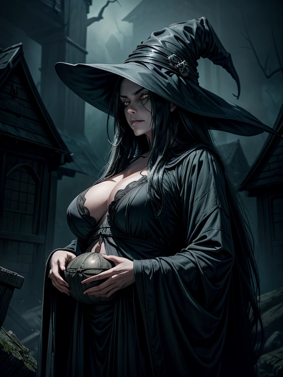 a 200-year-old witch with long black hair,a powerful villain,magic flowing from her hands,dark mysterious aura,eerie green glowing eyes,tattered black robe,skeletal fingers,gnarled hands,haunting atmosphere,dramatic lighting,cinematic composition,dark fantasy,supernatural,highly detailed,photorealistic, big breasts, sagging breasts, belly button, "looking at the viewer", "front view", "creepy witch hut"