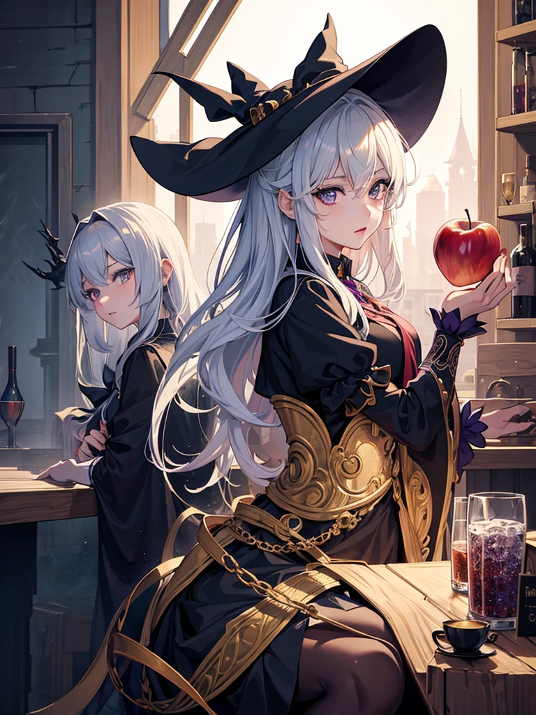 beautiful anime girl wearing witch hat, holding apple, standing in front of bar, best quality, 4k, 8k, highres, masterpiece, ultra-detailed, realistic, photorealistic, photo-realistic, portrait, dark witch, flirty anime witch casting magic, kirisame marisa, witch academia, marisa kirisame, mechanized witch girl, little witch academia, Alchemist Girl, side portrait dark witch, bright witch, Kirisame Marisa from Touhou, intricate details, highly detailed facial features, extremely detailed eyes and face, beautiful detailed eyes, beautiful detailed lips, long eyelashes, dynamic pose, dramatic lighting, vibrant colors, fantasy, magic, studio lighting