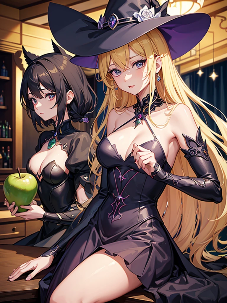 beautiful anime girl wearing witch hat, holding apple, standing in front of bar, best quality, 4k, 8k, highres, masterpiece, ultra-detailed, realistic, photorealistic, photo-realistic, portrait, dark witch, flirty anime witch casting magic, kirisame marisa, witch academia, marisa kirisame, mechanized witch girl, little witch academia, Alchemist Girl, side portrait dark witch, bright witch, Kirisame Marisa from Touhou, intricate details, highly detailed facial features, extremely detailed eyes and face, beautiful detailed eyes, beautiful detailed lips, long eyelashes, dynamic pose, dramatic lighting, vibrant colors, fantasy, magic, studio lighting