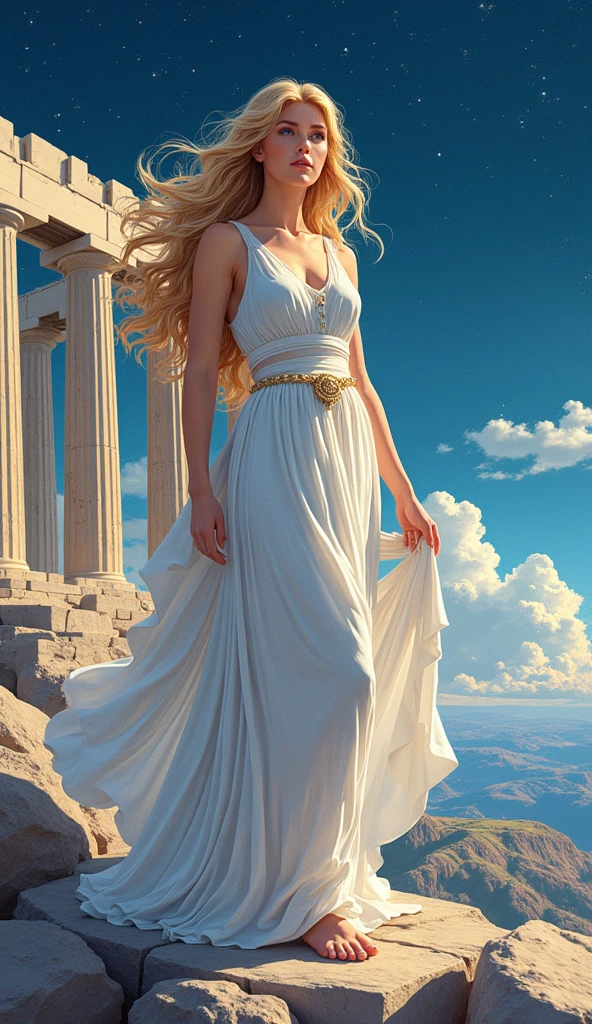 The beautiful goddess Aphrodite, blonde, whole body, Parthenon temple, Starry Sky, Cel Shading, Bold outline, Flat Color, Sharp Shadow, Graphic Style, (Manga influence:1.3), Beautiful line drawing, Impressive visuals,comics