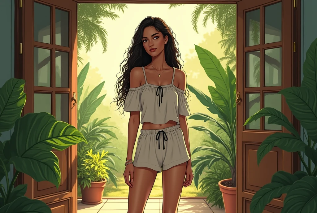 Sri Lankan sinhala style, rural woman, standing on garden, wearing loose off-shoulder top, pajama short, long curly hair, indoors and outdoor mix, soft lighting, plants in background, sky with sunlight, realistic, intricate details, warm colors, anime style