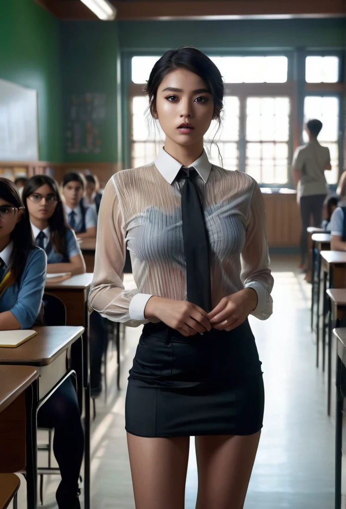 a beautiful young woman in a see-through teacher outfit standing seductively in front of classroom, surrounded by a crowd of student, cinematic lighting, extremely detailed, photorealistic, 8k, masterpiece