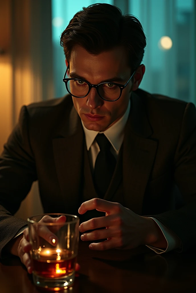 Jeremiah Valeska from Gotham series with brown suit and glasses drinking Wisk in the center of a