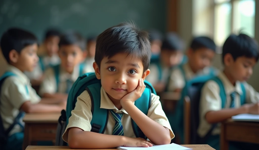 "A 20 year old young boy, wearing a light-colored school uniform and a teal backpack, is in the foreground. Her chin rests on her hands, and she looks directly at the viewer with large, expressive eyes. The background is a classroom scene with other children seated at desks, reading books, and wearing school uniforms, but this background is slightly blurred and in grayscale, emphasizing the girl in the foreground Indian environment and real picture