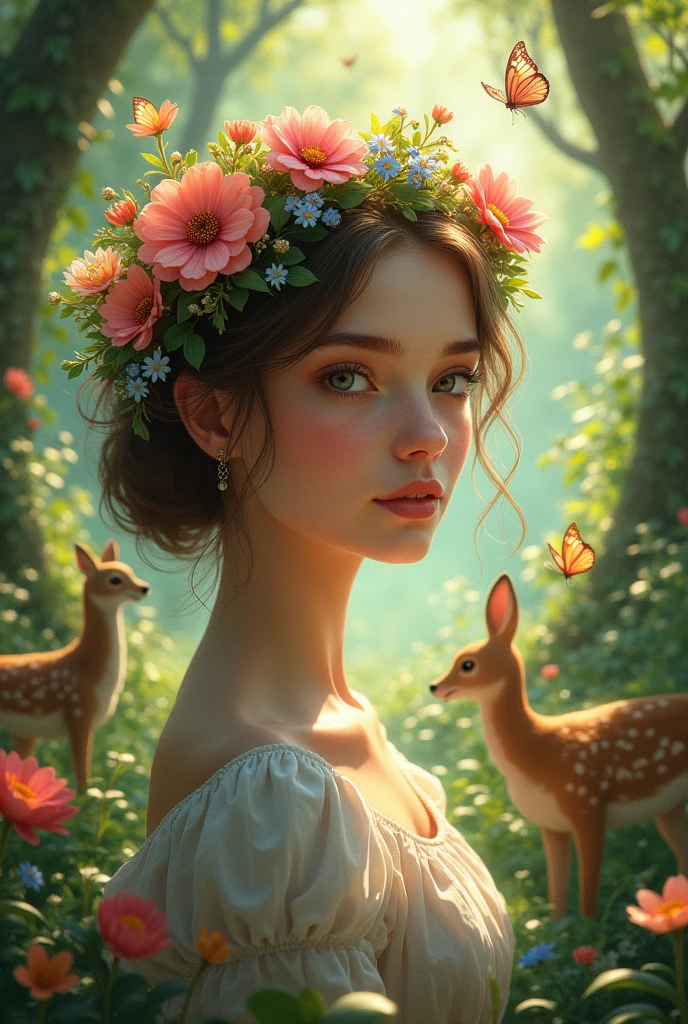 A girl with a crown of flowers, surrounded by animals like deer, birds, and butterflies in a lush, vibrant forest. The environment could be filled with natural light and a sense of calm and serenity.