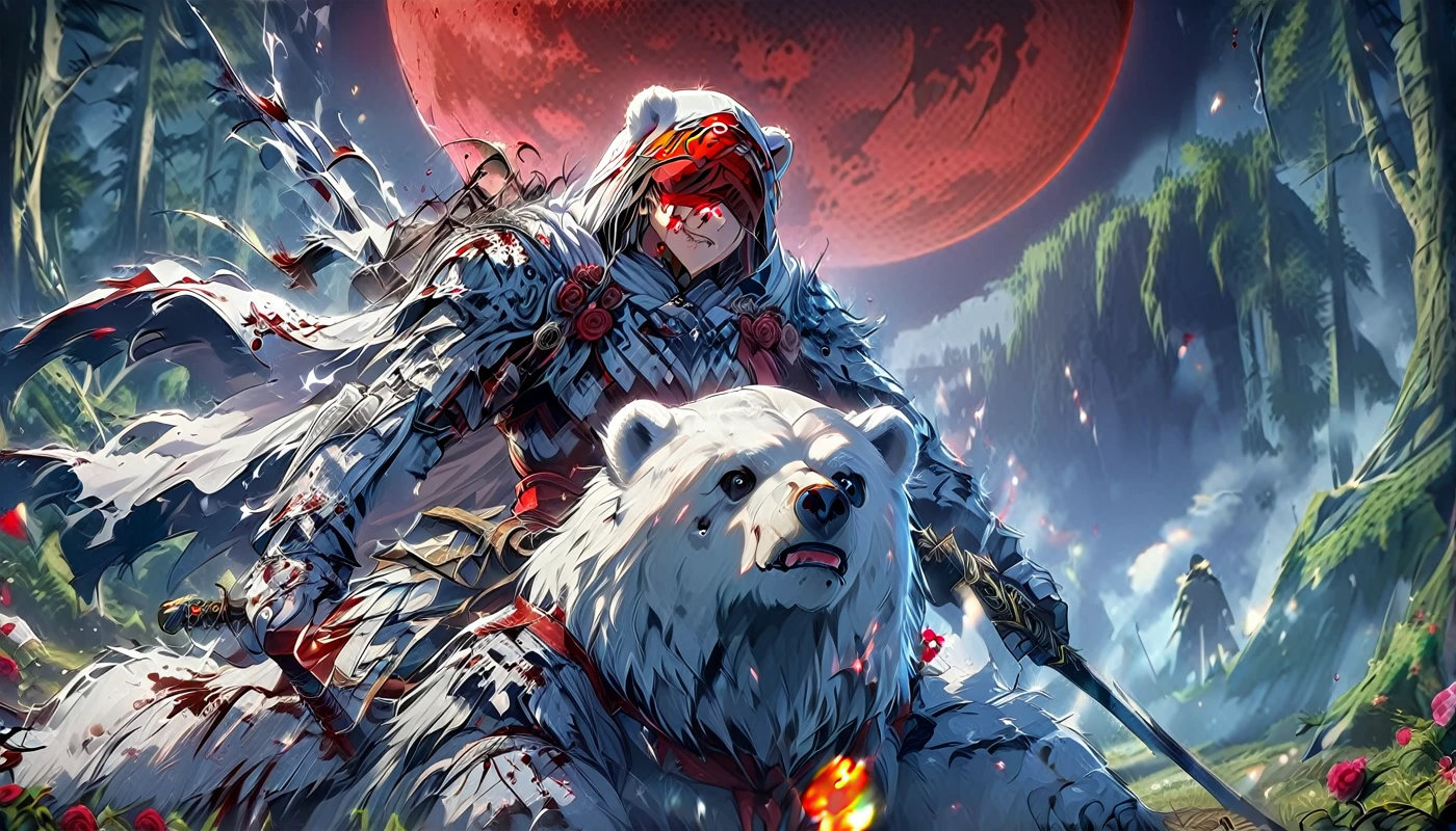 One man with a white hood with bear ears and a katana sits riding a big polar bear in a forest while the blood moon shines, many Roses cover the ground and lightning falls from the sky. The man wears a red blindfold.