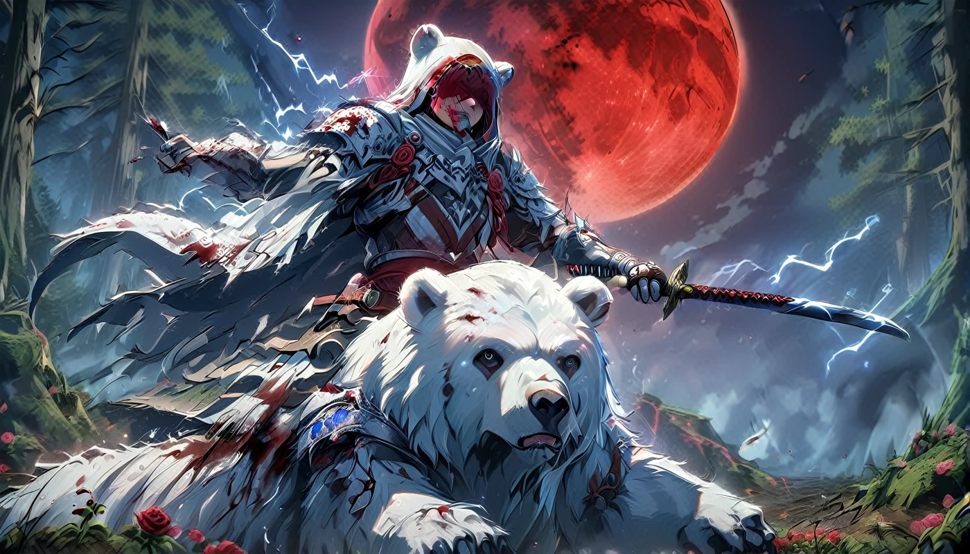 One man with a white hood with bear ears and a katana sits riding a big polar bear in a forest while the blood moon shines, many Roses cover the ground and lightning falls from the sky. The man wears a red blindfold.