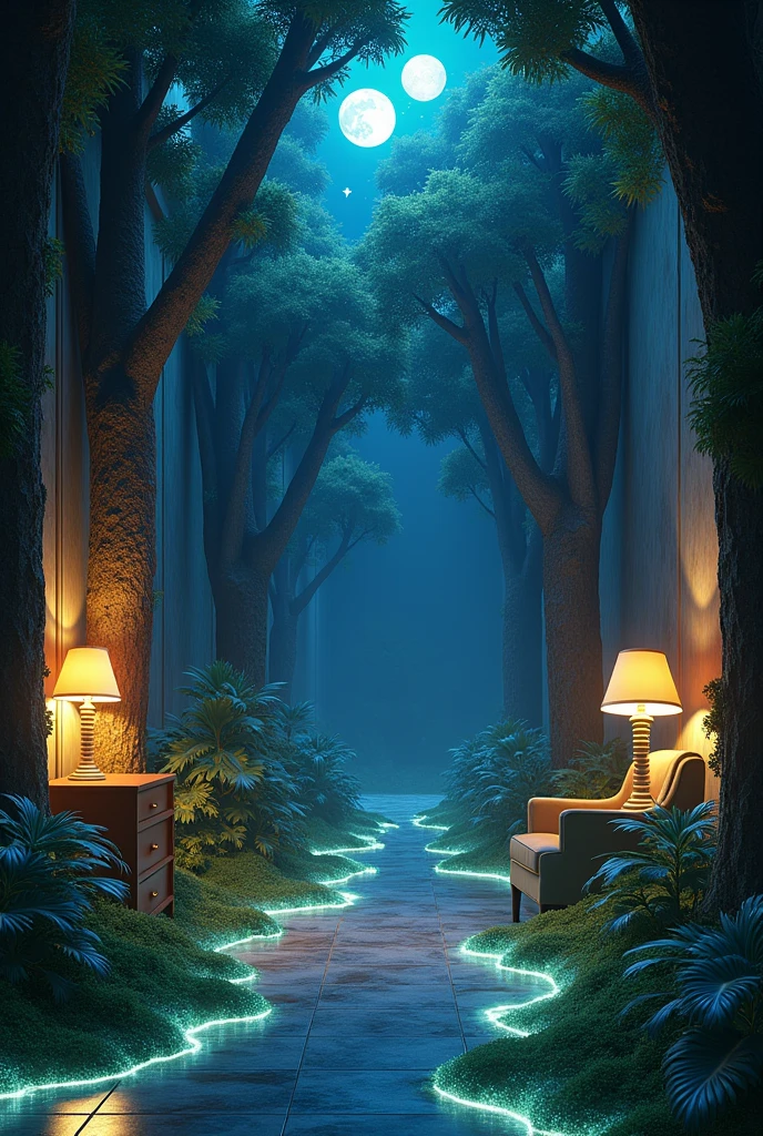 A photorealistic scene of an ordinary room gradually transforming into an alien forest. Walls turn into giant trees with luminous bark, and the ceiling transforms into a night sky with twin moons shining overhead. The ground becomes a carpet of glowing moss, casting a soft, ethereal light. Everyday objects such as lamps and chairs slowly transform into exotic bioluminescent plants, whose soft light blends with the surroundings. The scene captures the magical transition from a mundane human space to a surreal, otherworldly setting., where the familiar integrates seamlessly with the alien.
