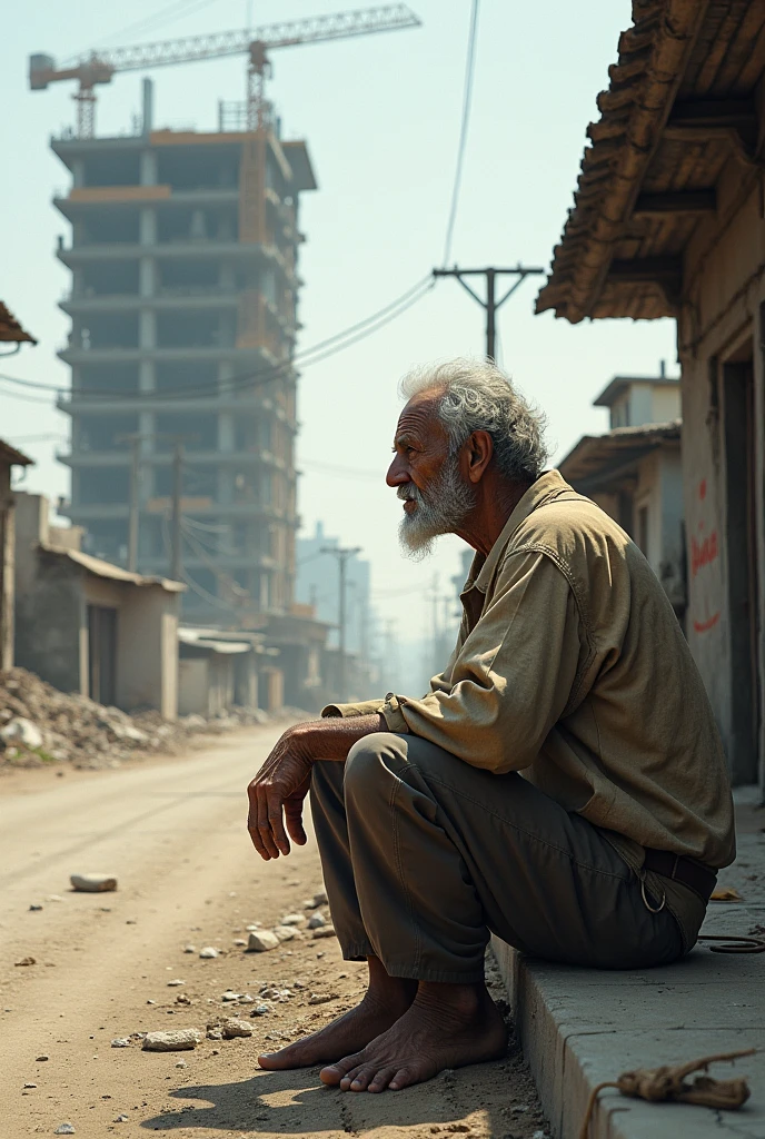 Old poor man sitting on a road and watching building 