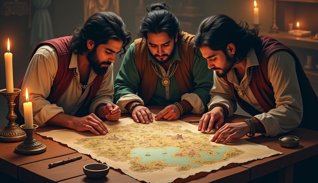 . **यात्रा की योजना बनाते हुए:** राजकुमार अजय, भैरव और विद्या एक नक्शे पर यात्रा की योजना बना रहे हैं