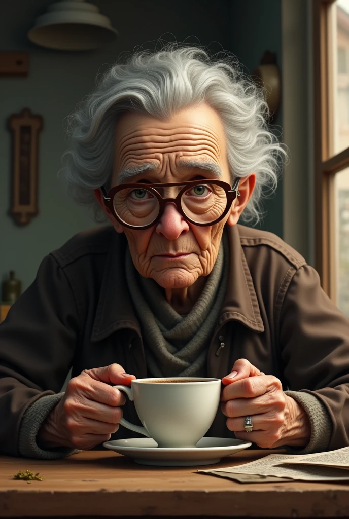 Woman with wrinkles, glasses, acne, drinking coffee 