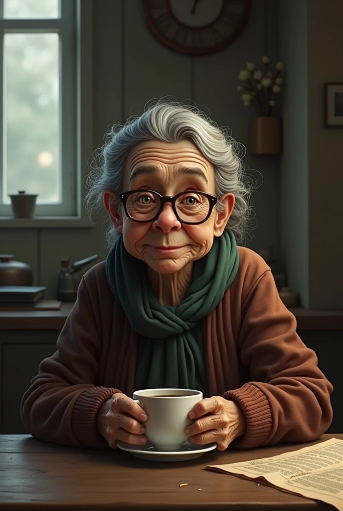 Woman with wrinkles, glasses, acne, drinking coffee 