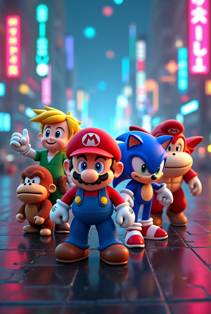 image of various old video game characters. Includes mario, Sonic, Link, Donkey Kong, megaman, ryu, etc. Pixar style for the characters. The futuristic background, cyberpunk style. proportion of 4 units wide by 3 high.