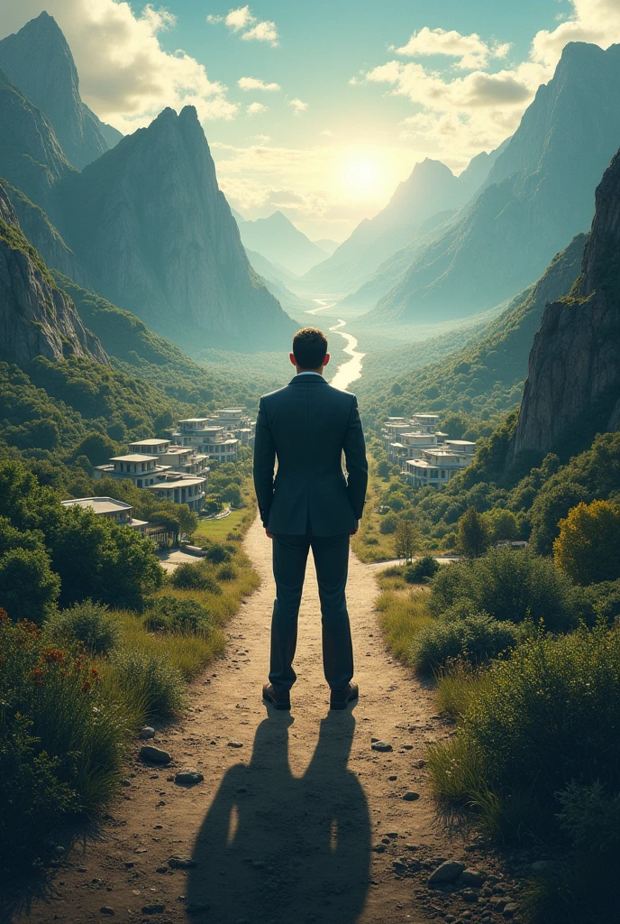 Man standing in between. Has to paths. 1st path has luxurious houses,cars,money but also stress. 2nd path has nature, mountains, and happiness