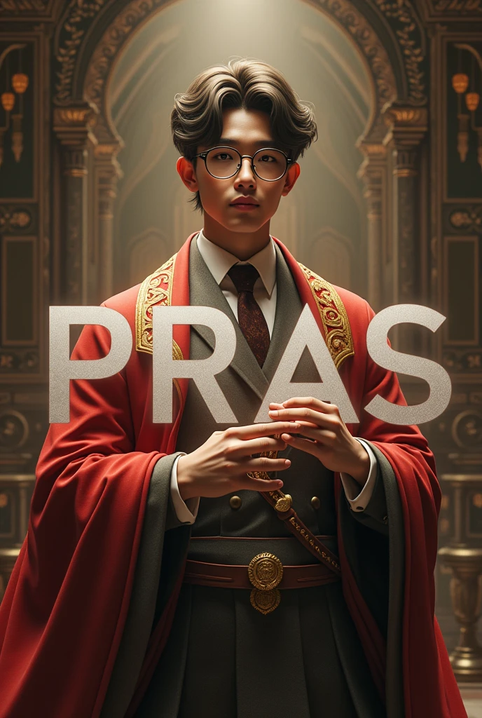 create a character of God to control the world, insert the large text: “Pras”, background from room and time, HD, realistic, use glasses, male, age 20