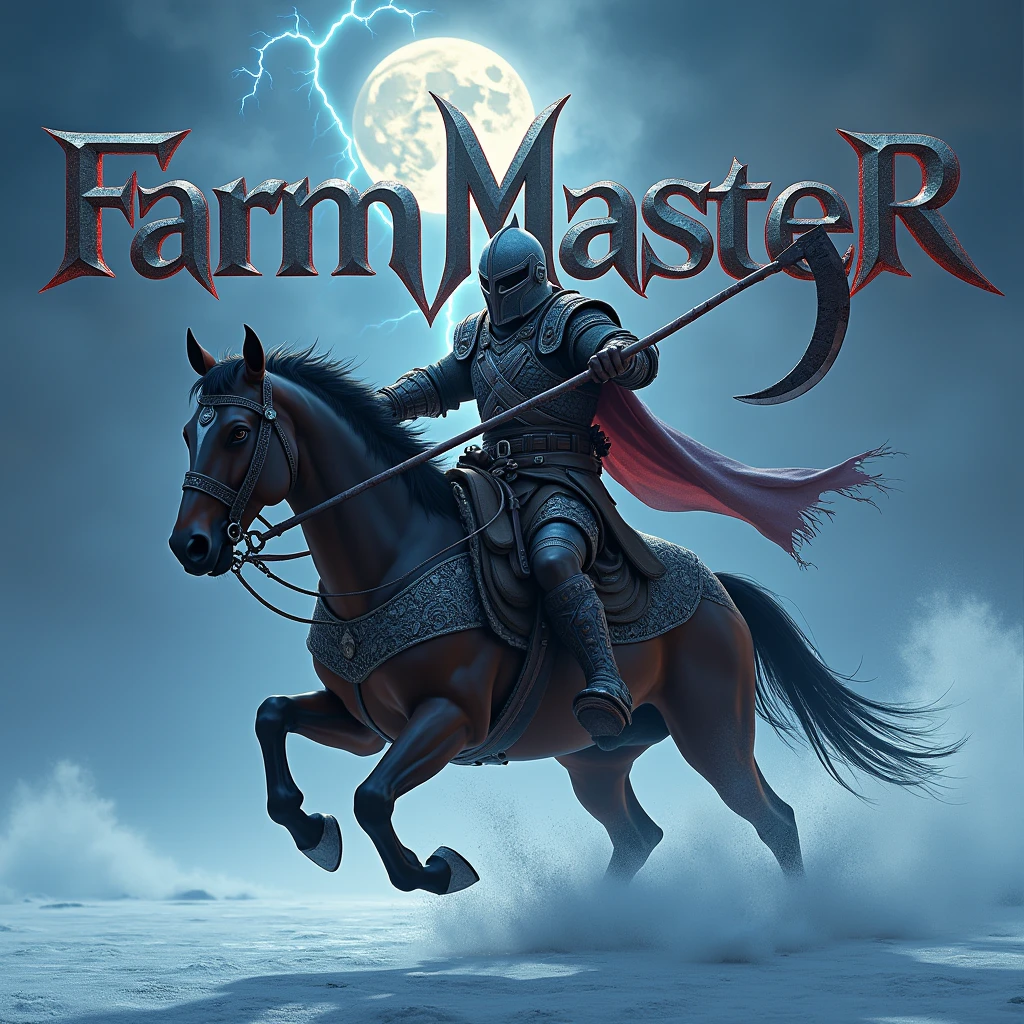 A realistic ultra detailed photograph of a male warrior, wearing iron and cloth armor and an intimidating helmet. He grabs a scythe like weapon with determination, he charges on the ice with his horse, as vibrant lightning flashes around him, enhancing his fierce pose. The name “FarmMasteR” is displayed prominently in gothic letters behind him, illuminated by the glow of the moon.