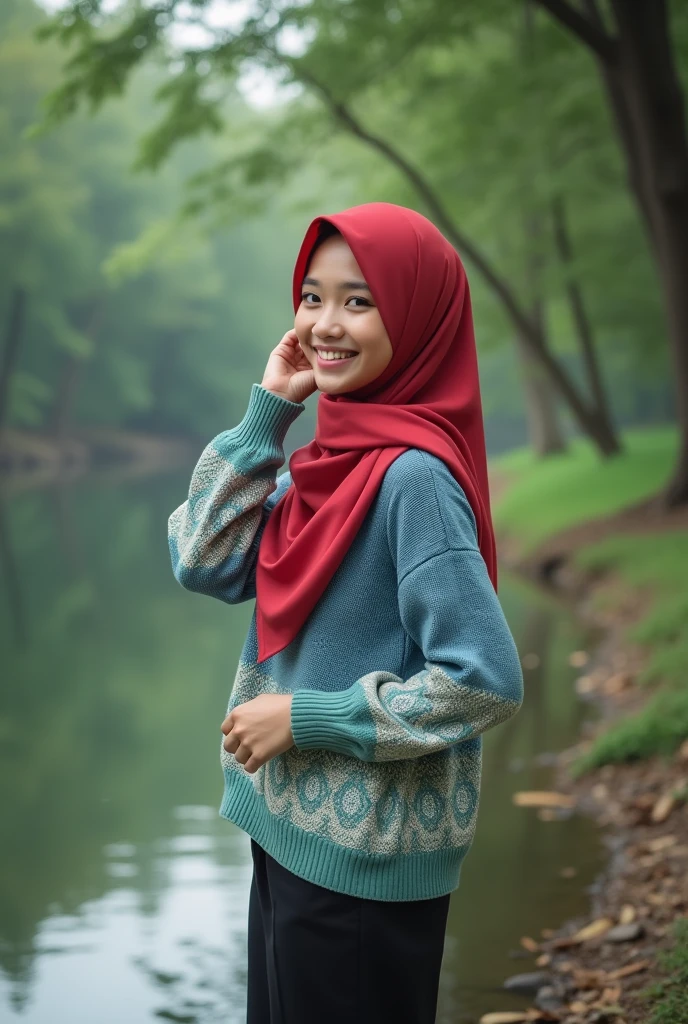 A young Indonesian woman wearing a Red hijab and a blue, Reed, green ,withe sweater, posing with a cheerful and relaxed expression by the riverside. She is standing next to a gently flowing river, Big Boobs surrounded by lush greenery and tall trees. The scene conveys a peaceful and natural atmosphere, capturing a moment of contentment and tranquility. Her pose is slightly dynamic, with one hand resting on her hip and the other lightly touching her hijab, adding a sense of casual elegance to the scene. 8K HD, Real Photografy 