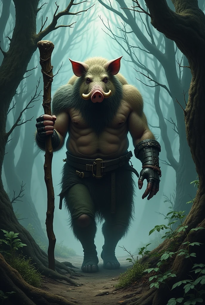 A pig man whose right hand was replaced with a rusty old iron hand has large tusks and a beard holding a wooden stick Walking in the middle of a very scary forest 