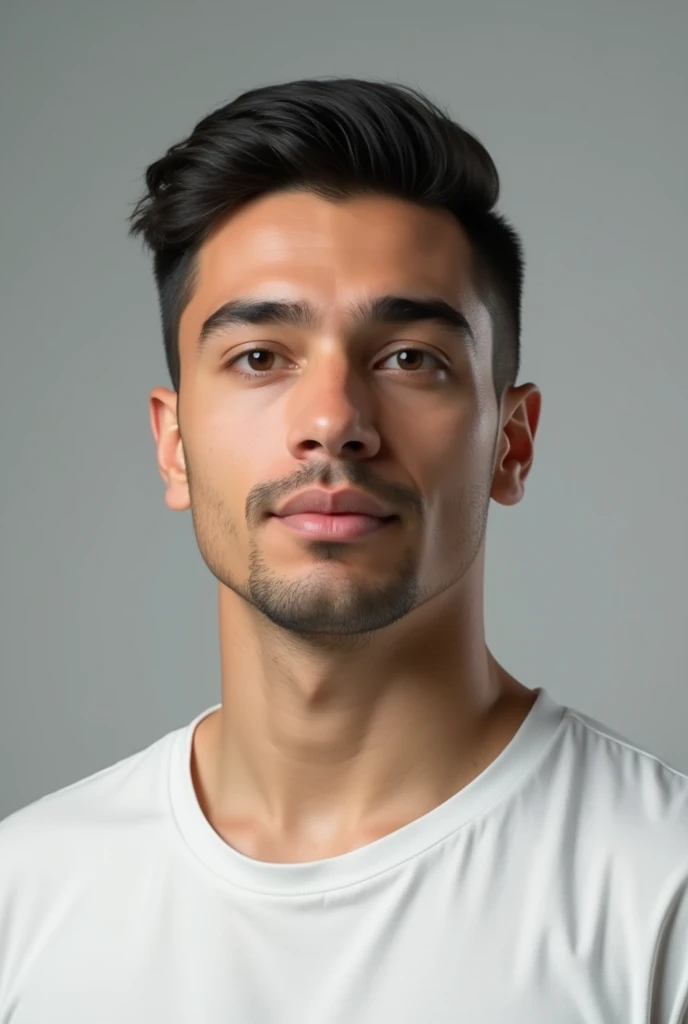 ((Hispanic man)), (Photo: 1.3) from (Photorealism: 1.3), frontal Close-up, soft light, clear face, business, warm light, white t-shirt, (gray and white background), (blank background), (gray wall background) avatar, (short hair), short hair, ((man)), (Closeup)