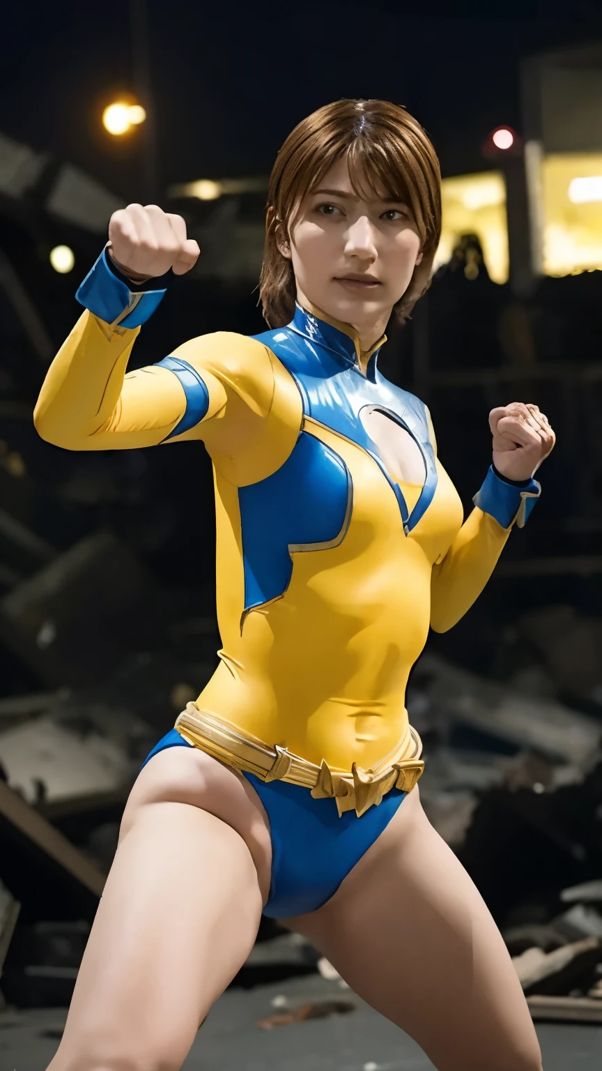 Cool super heroine, Yellow and blue leotard, Night Battlefield, rubble, Fighting desperately, Cool hero belt, Fighting Pose
