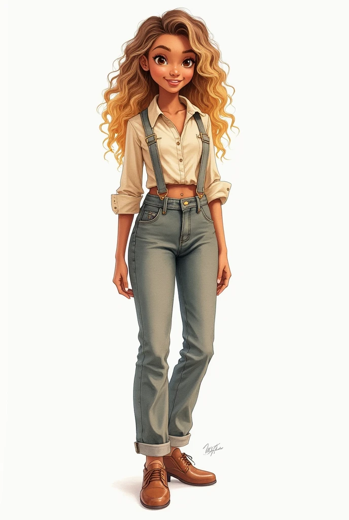 character, illustration, realistic profile, Tall young girl with dark brown skin, character animado realista en acuarela de Chicha joven alta de piel morena oscura de cabello rizado largo, light brown with blonde highlights, light eyes dressed in pants and blouse and vintage European style shoes, Whole body, smiling face, worker