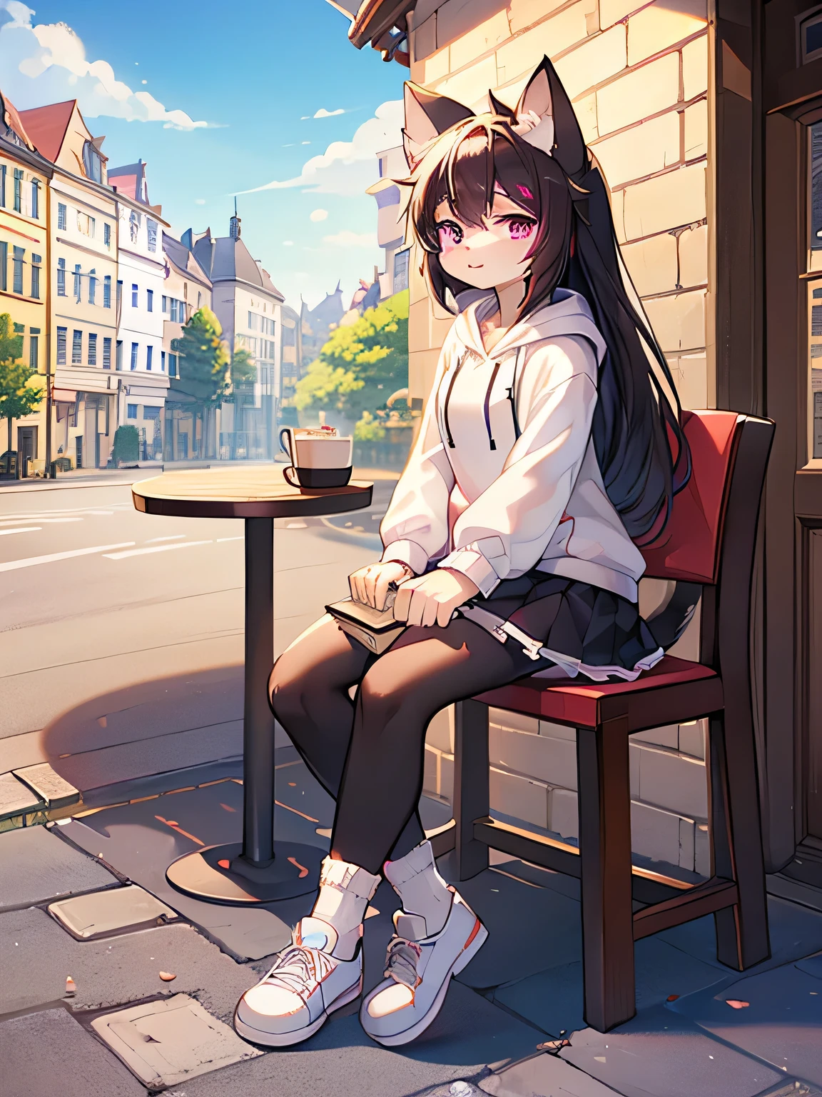 ((Kemono, cat, solo, female, black hair, magenta eyes, white fur body color, long hair, wear white hoodie with any logo’s, wear black skirt, wear smart watch, wear white socks, wear black shoes, cat tail)), holding coffee cup, sitting on restaurant chair with table, sitting in front of europe restaurants style, no smile, (book on table, europe restaurant background, outside table, sidewalk restaurant), high detail, face focus