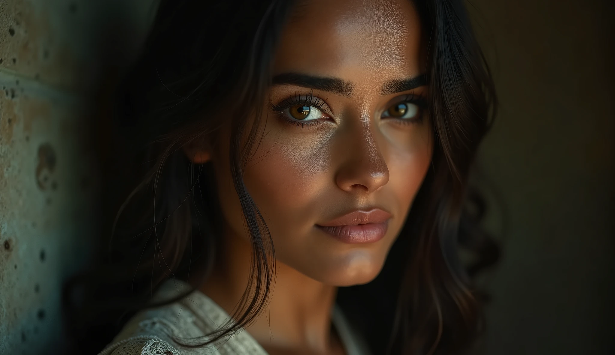 a beautiful mysterious Indian woman, Western fashion, intricate detailed face, piercing eyes, long eyelashes, delicate skin, natural beauty, flowing hair, candid elegant pose, dramatic lighting, cinematic mood, muted color palette, chiaroscuro lighting, high quality, photorealistic, 8k, intricate details, professional rendering