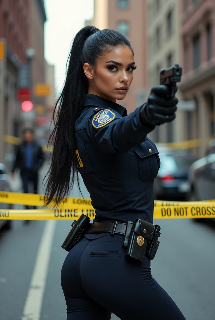 ultra realistic, photography, long black straight hair in a ponytail, elegant hair, (30 years old, hazel eyes, hourglass figure, perfect fit body, natural big breasts), firtatious look, femme fatale, long eyelashes, cat-eye make-up, she is from the NYPD and has her gun drawn with both hands, feet spread standing stance, at a crime scene, theres is yellow tape around it, it says "POLICE LINE DO NOT CROSS" on the yellow tape, someone is running away, full body picture, wide angle, extreme wide angle