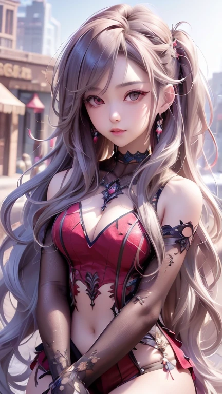 (masterpiece, Highest quality), Intricate details, 8k, Art Station, wallpaper, Official Art, Splash Art, Sharp focus,, One girl, Long Hair, Twin tails, Red eyes, Brown Hair, , Spider Suit, spiderweb printing, spiderweb, , skyscraper, city, building, car, street,
