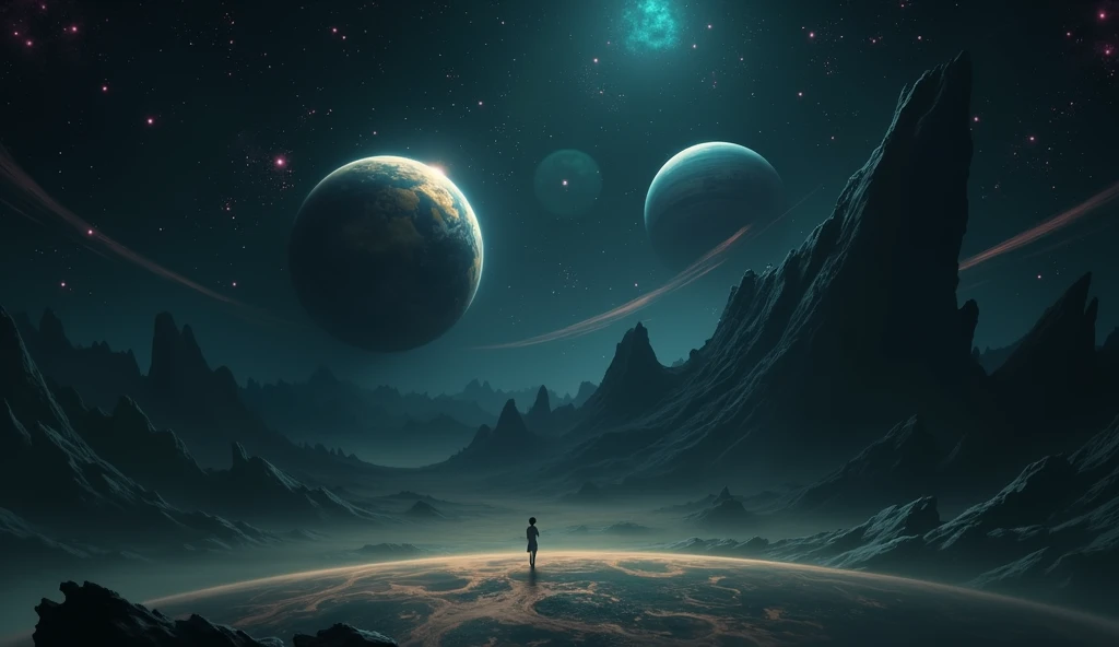 view of a planet in deep space, with stars of different colors, and 2 big planets with rings and moons in the back. the space has some bright colors, purple and pink
 In the style of Makoto Shinkai。master piece, ultra detail, precision, ultra-realistic,
