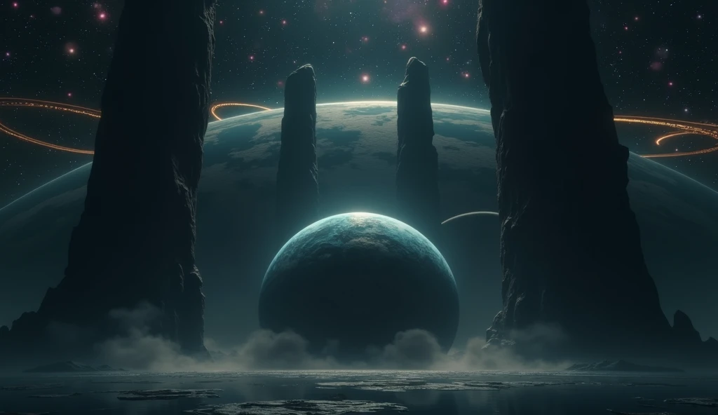 view of a planet in deep space, with stars of different colors, and 2 big planets with rings and moons in the back. the space has some bright colors, purple and pink
In the style of Makoto Shinkai。master piece, ultra detail, precision, ultra-realistic,