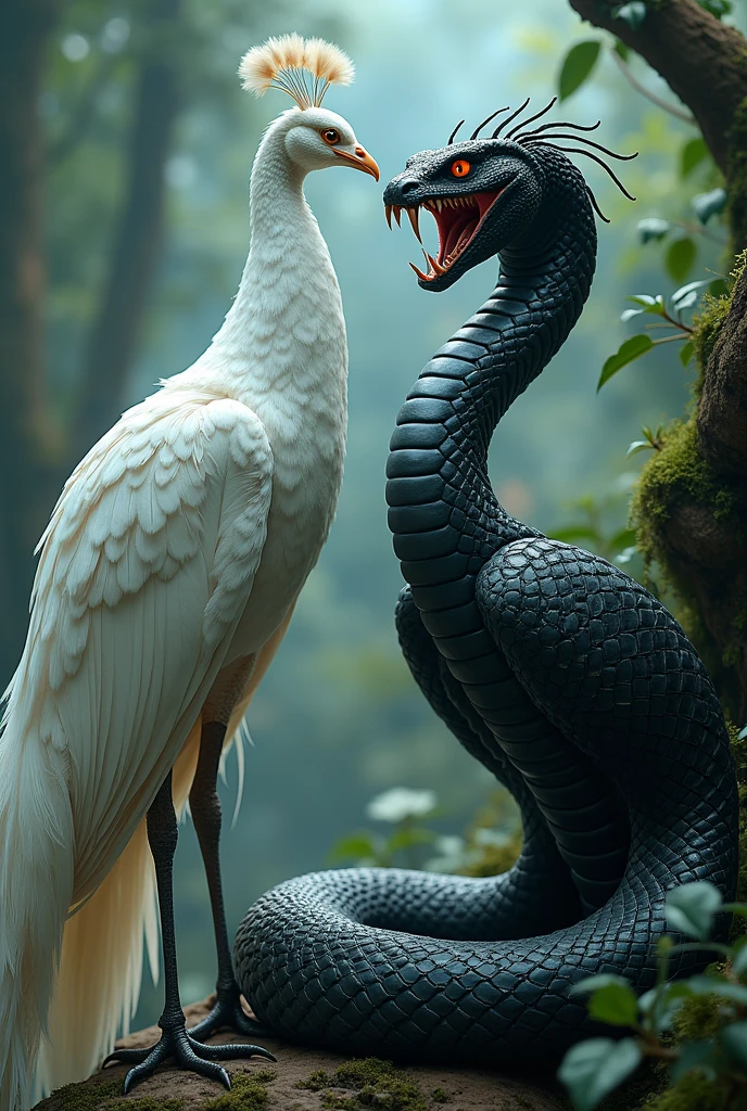 Very beautiful white peacock with black cobra who have 5 mouths and 