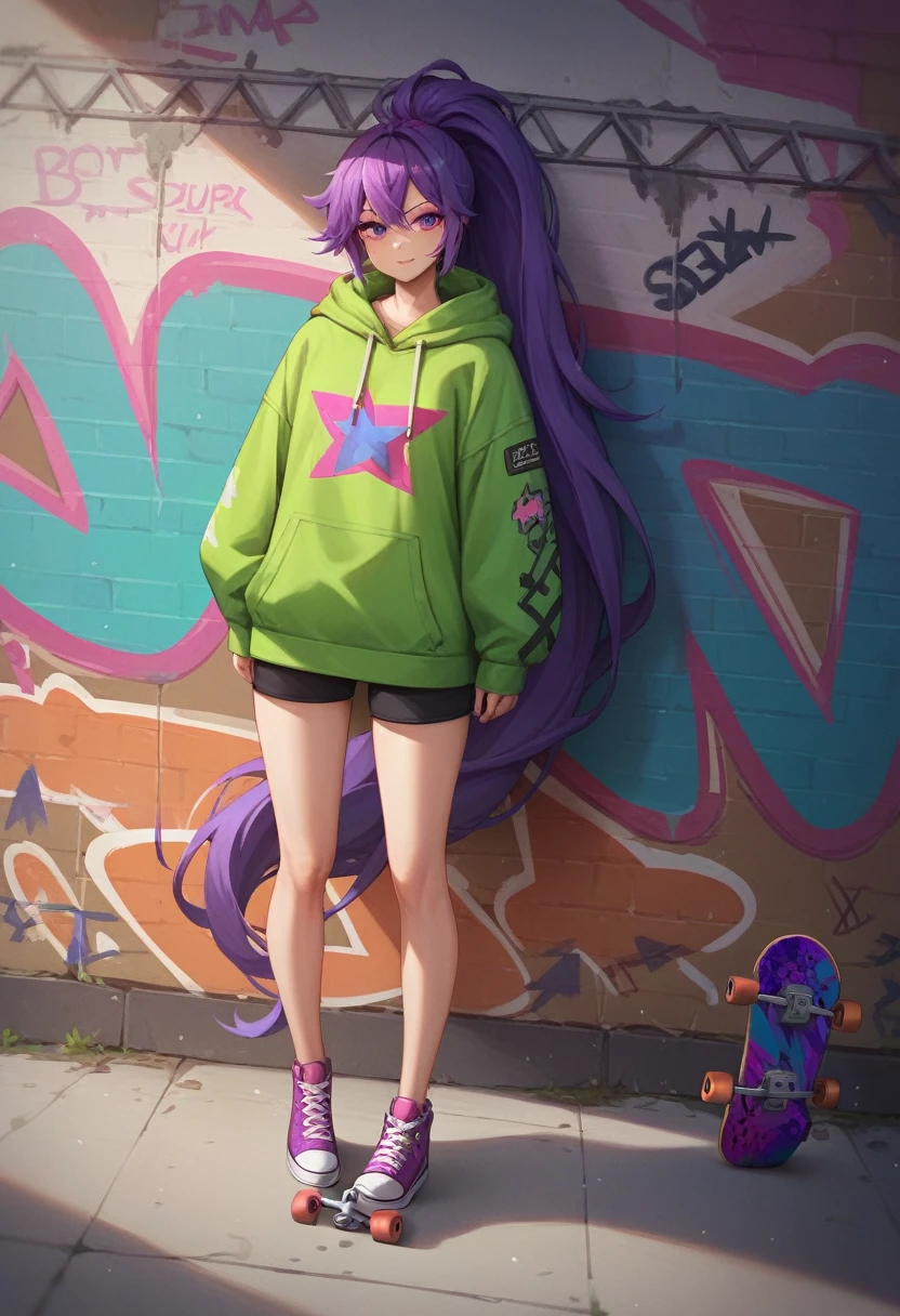Masterpiece, best quality, 1 girl, more than 4 hair colors, tall, very long straight hair, Graffiti, skateboard, left eye is purple and right eye is green, hoodie