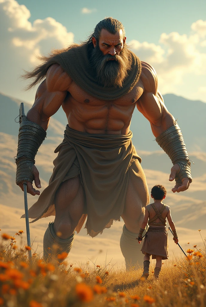 make the fight of david and goliath hyperrealistic, Goliath doesn't wear a mask