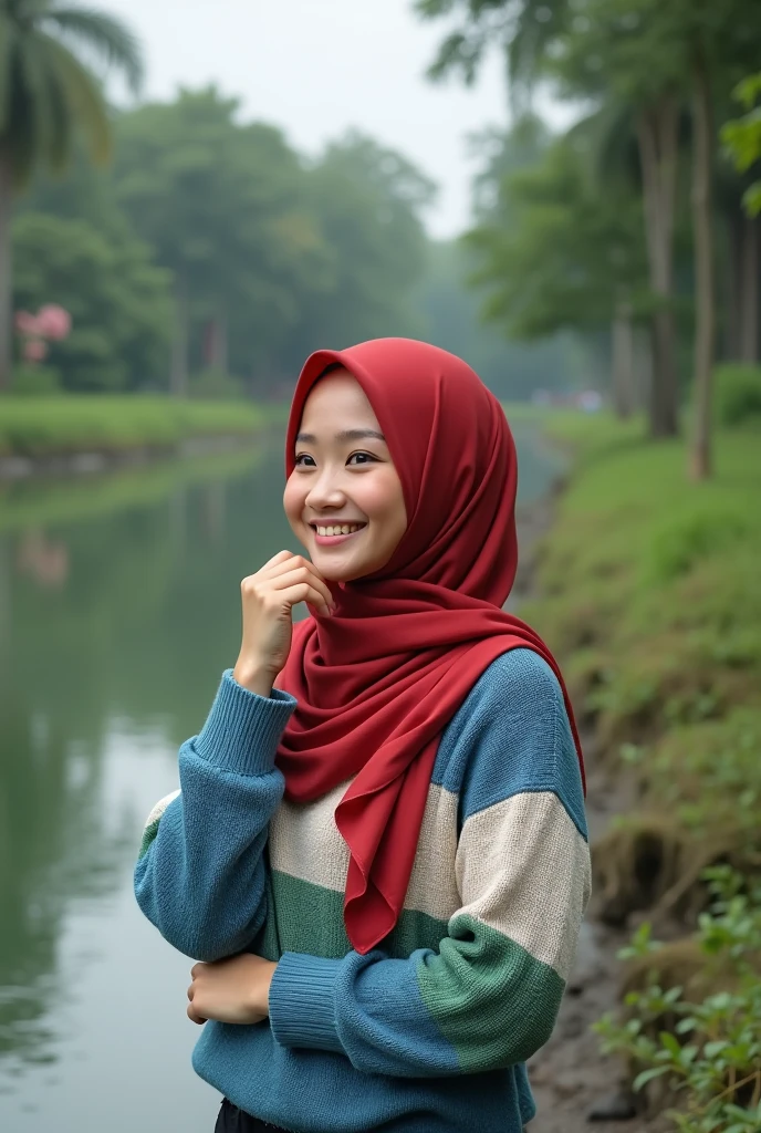 A young Indonesian woman wearing a Red hijab and a blue, Reed, green ,withe sweater, posing with a cheerful and relaxed expression by the riverside. She is standing next to a gently flowing river, Big size 38 surrounded by lush greenery and tall trees. The scene conveys a peaceful and natural atmosphere, capturing a moment of contentment and tranquility. Her pose is slightly dynamic, with one hand resting on her hip and the other lightly touching her hijab, adding a sense of casual elegance to the scene. 8K HD, Real Photografy