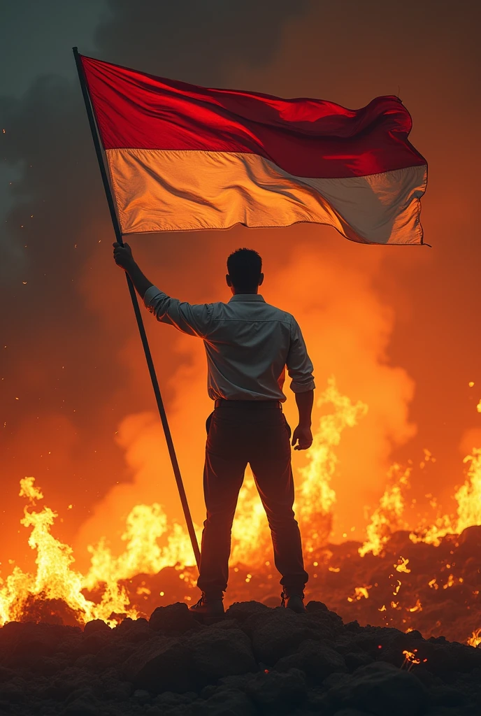 man standing in flames holding Indonesian flag
