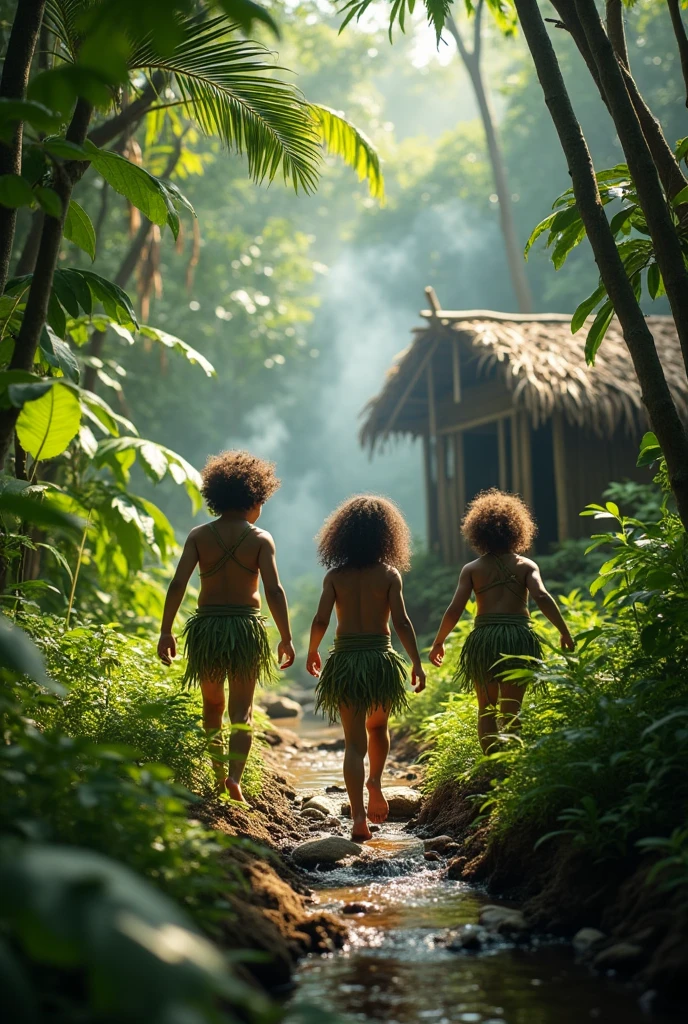 Photorealism 1.3 realistic realism high detailed high definition clear natives kids curly hairplay around hide and seek in the jungle covered wearing tree skin as a shirt with leaf dramatic cinematography cinematic view morning mode sunlight silhouette smoke effect bamboo hut leaf roof  campfire smoke only aborigines villages small river chasing tiger cub
