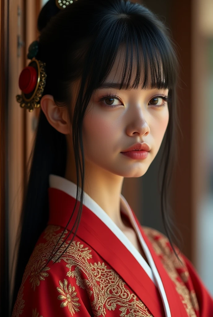 1girl, blunt bangs, bun, wide sleeves, hair ornament, kebaya Indonesian clothing, red obi, (black hair:1.2), very long hair, straight hair, looking at the viewer, very detailed background, (photo realistic:1.2), detailed eyes, shiny skin