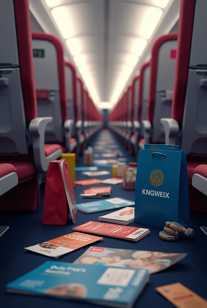 Interior of an airplane with tickets and branded items