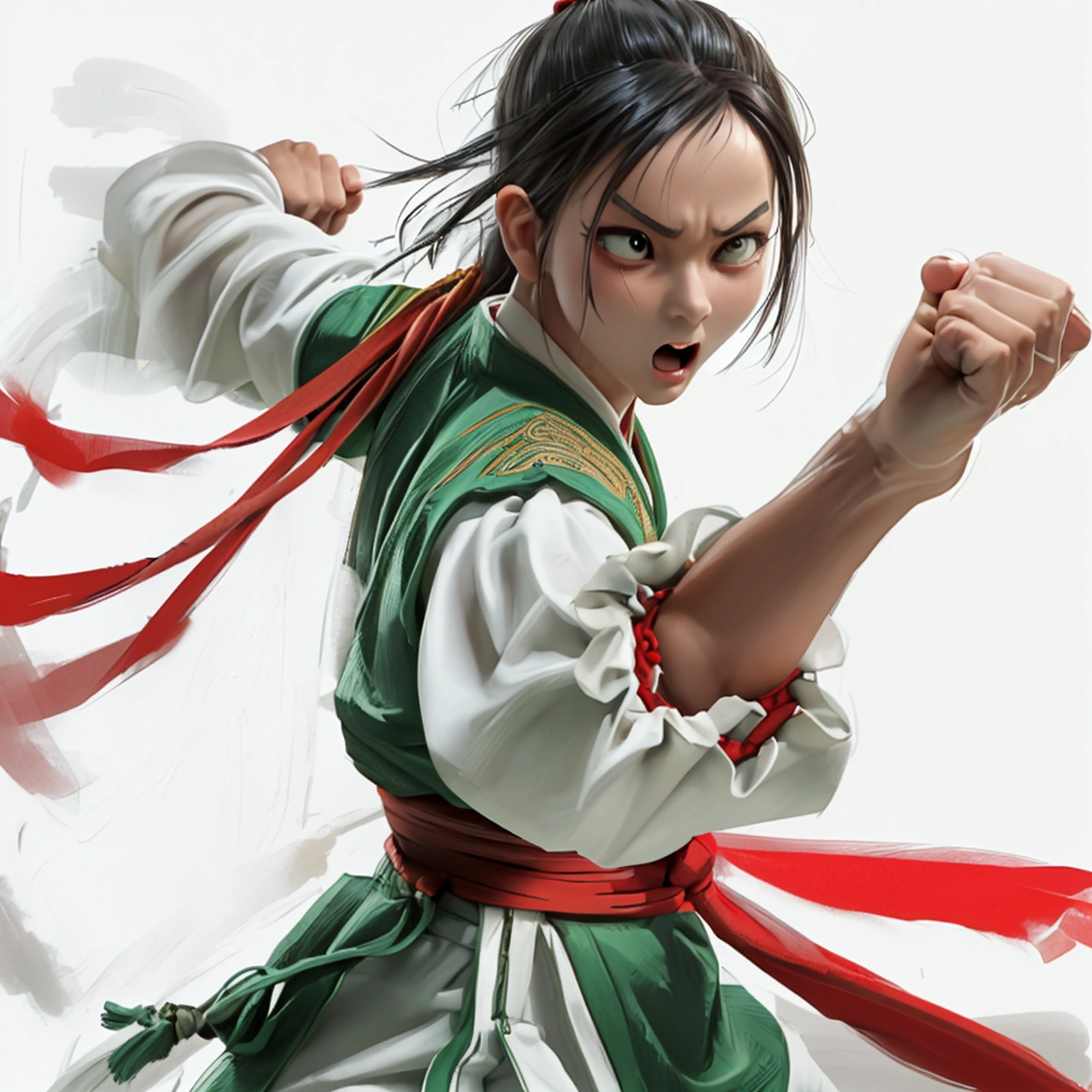 A fierce martial artist in a dynamic fighting stance, wearing traditional kung fu attire with a red sash, mid-air kick with powerful leg extension, intense facial expression,. emphasizing muscle definition and movement full standing pose, side style light green hairs, Character Sheet, 12 yo student, Full body, Simple white background, front pose character reference sheet, Concept art, design sheet