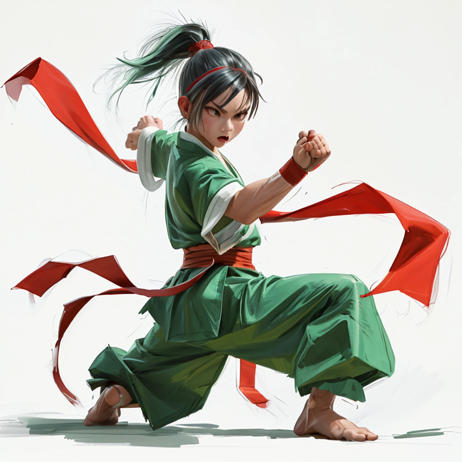 A fierce martial artist in a dynamic fighting stance, wearing traditional kung fu attire with a red sash, mid-air kick with powerful leg extension, intense facial expression,. emphasizing muscle definition and movement full standing pose, side style light green hairs, Character Sheet, 12 yo student, Full body, Simple white background, front pose character reference sheet, Concept art, design sheet