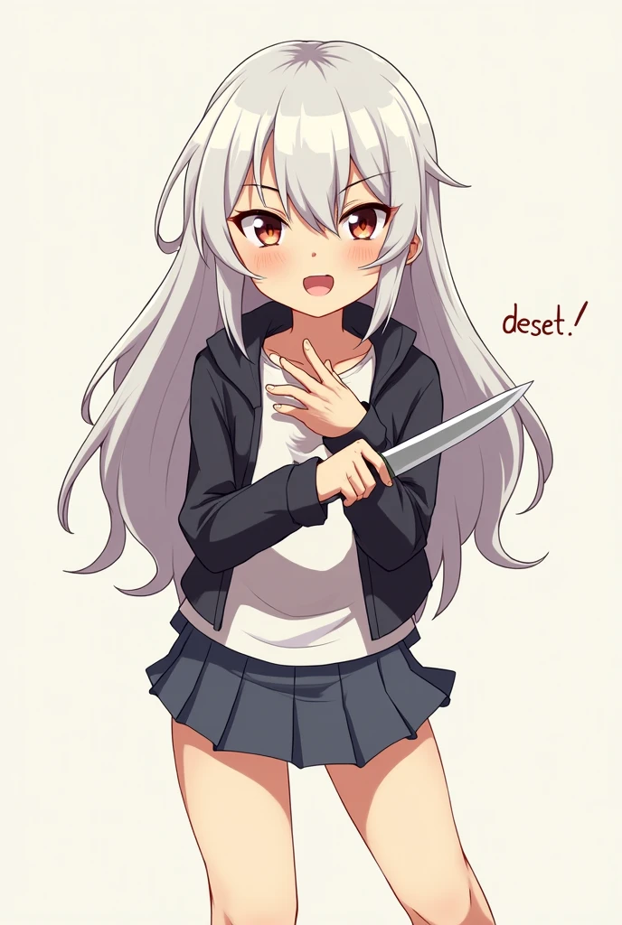 A female character resembling Chara from Undertale and has her hair changed to white and is asked to hold a knife and pretends to press the reset button from Frisk's power from Undertale and is an anime character and has the power of determination.