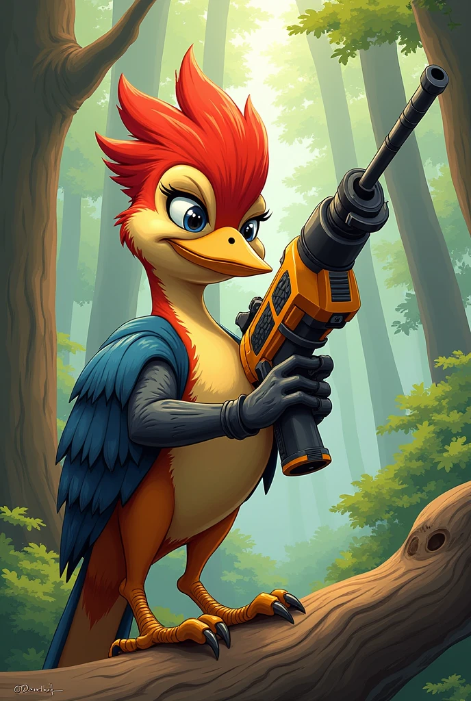 A manga-style woodpecker with a gun-shaped drill