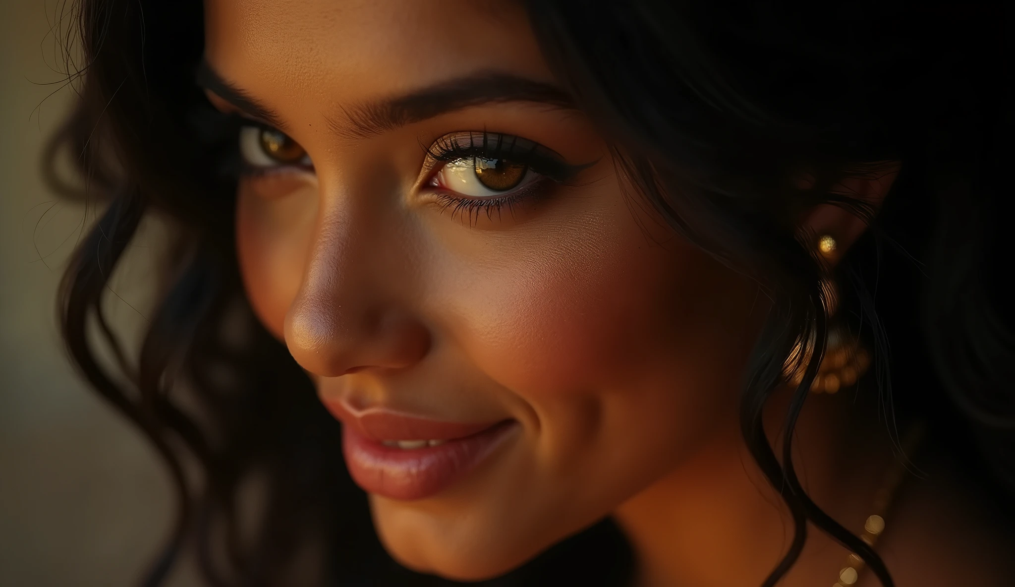 a beautiful mysterious Indian happy woman, queen, intricate detailed face, piercing eyes, long eyelashes, delicate skin, natural beauty, flowing hair, candid elegant pose, dramatic lighting, cinematic mood, vibrant color palette, chiaroscuro lighting, high quality, photorealistic, 8k, intricate details, professional rendering