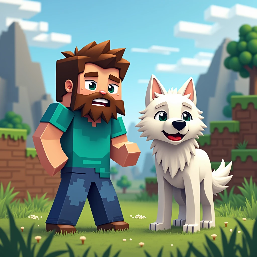 Two-dimensional cartoon design of Steve with a beard and a real human body without cubes and his white wolf with a real shape and a human body without cubes in the land of Minecraft