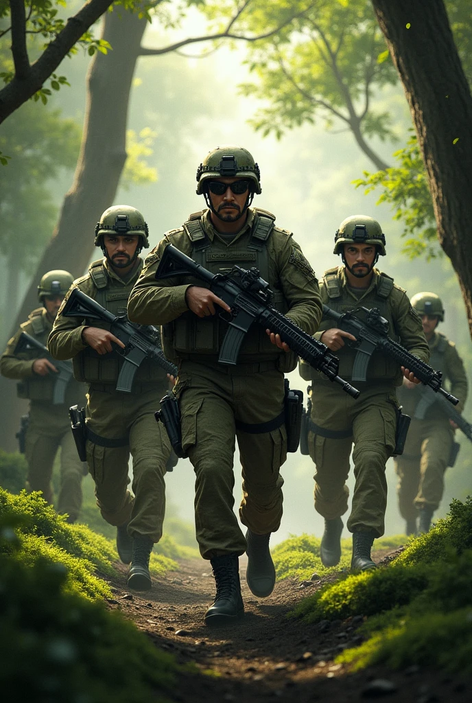 A US army holding guns with 5 friends at the Forest with 1 sergeant