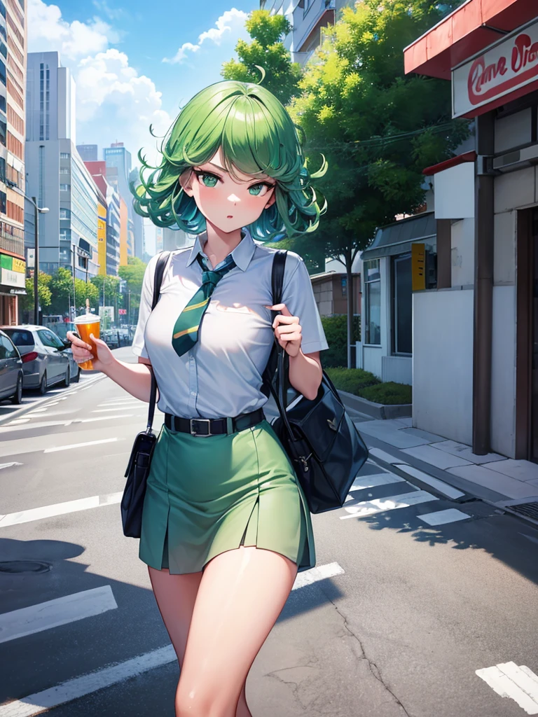 (high res, 8K, masterpiece, looking at viewer, best quality, very aesthetic, ultra detailed, ultra background, ultra Eyes) intricate details, 1girl, Tatsumaki, Chibi, short sleeved white shirt, Light Blue Gray short skirt, Pockets on the left ?????, Light Blue Gray tie, Wearing a belt, Black Sling bag, green short hair, green eyes, Walking on the side of the road, drinking bubble milk tea, normal face, Background City, Store, Cinematic Angle