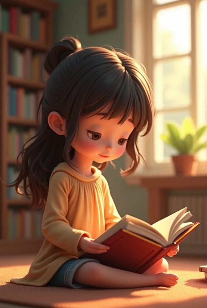 Create a 3D animated image of a girl sitting reading a book 